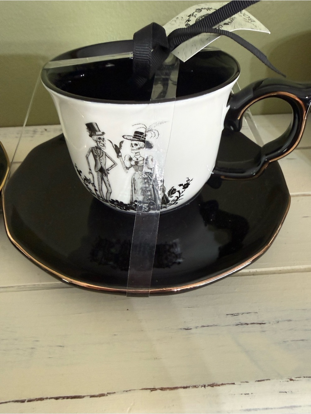 Set of 4 Black and White Skeleton Couple Teacup and Saucer Set
